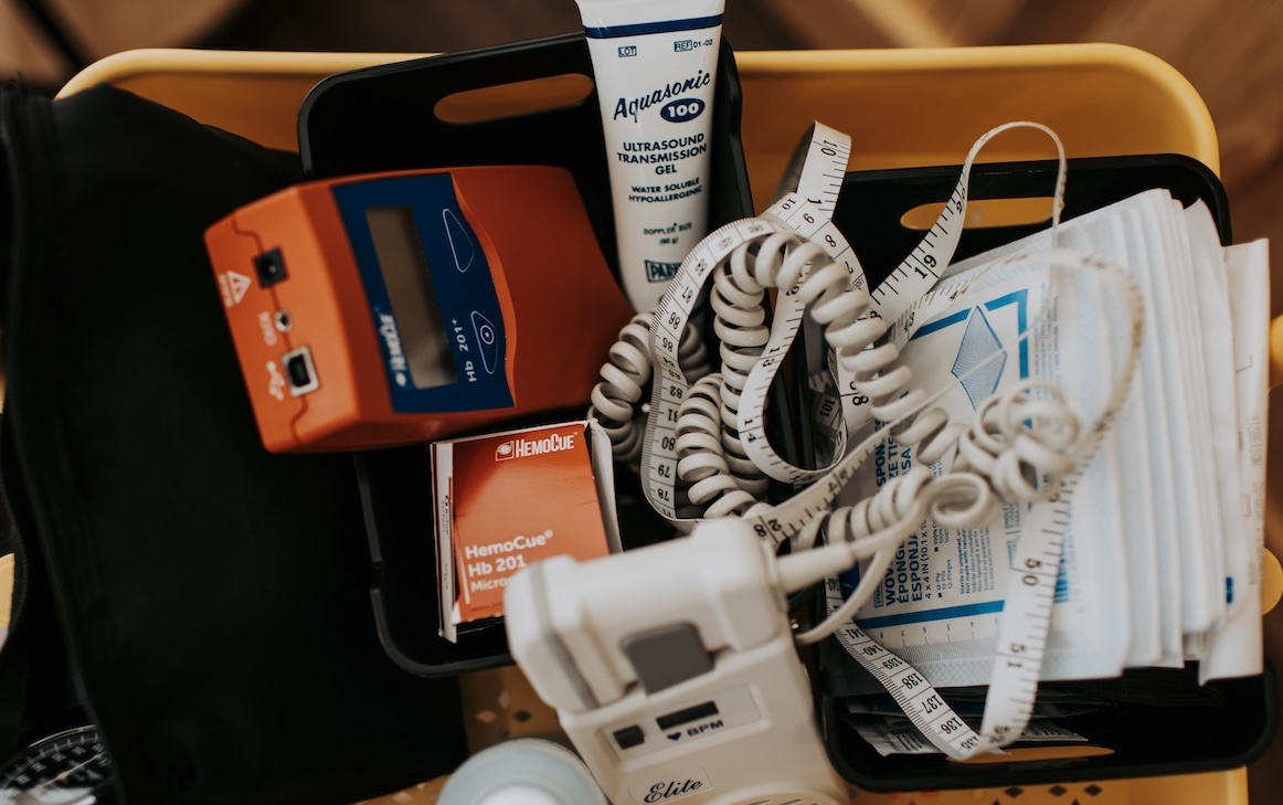Home birth midwifery equipment in a basket.